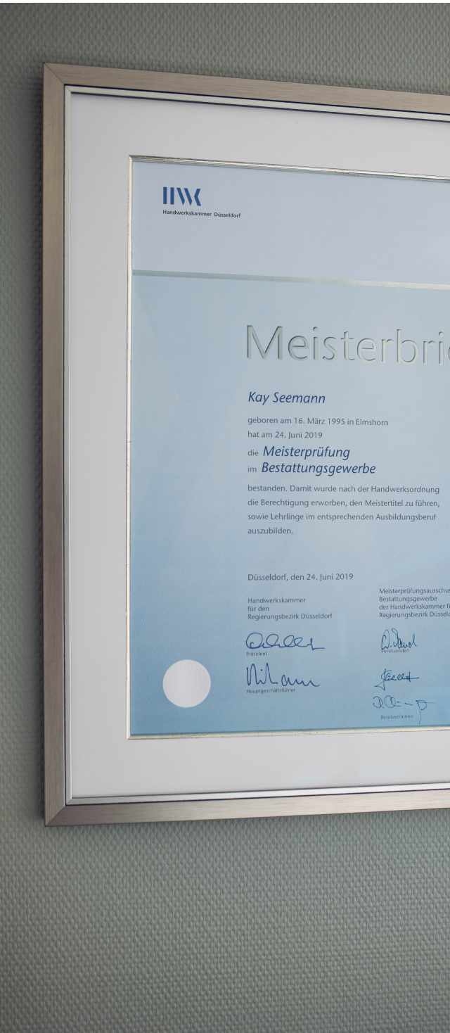 Meisterbrief Bestatter Seemann und Söhne Hamburg Qualifikation Thanatopraxie
